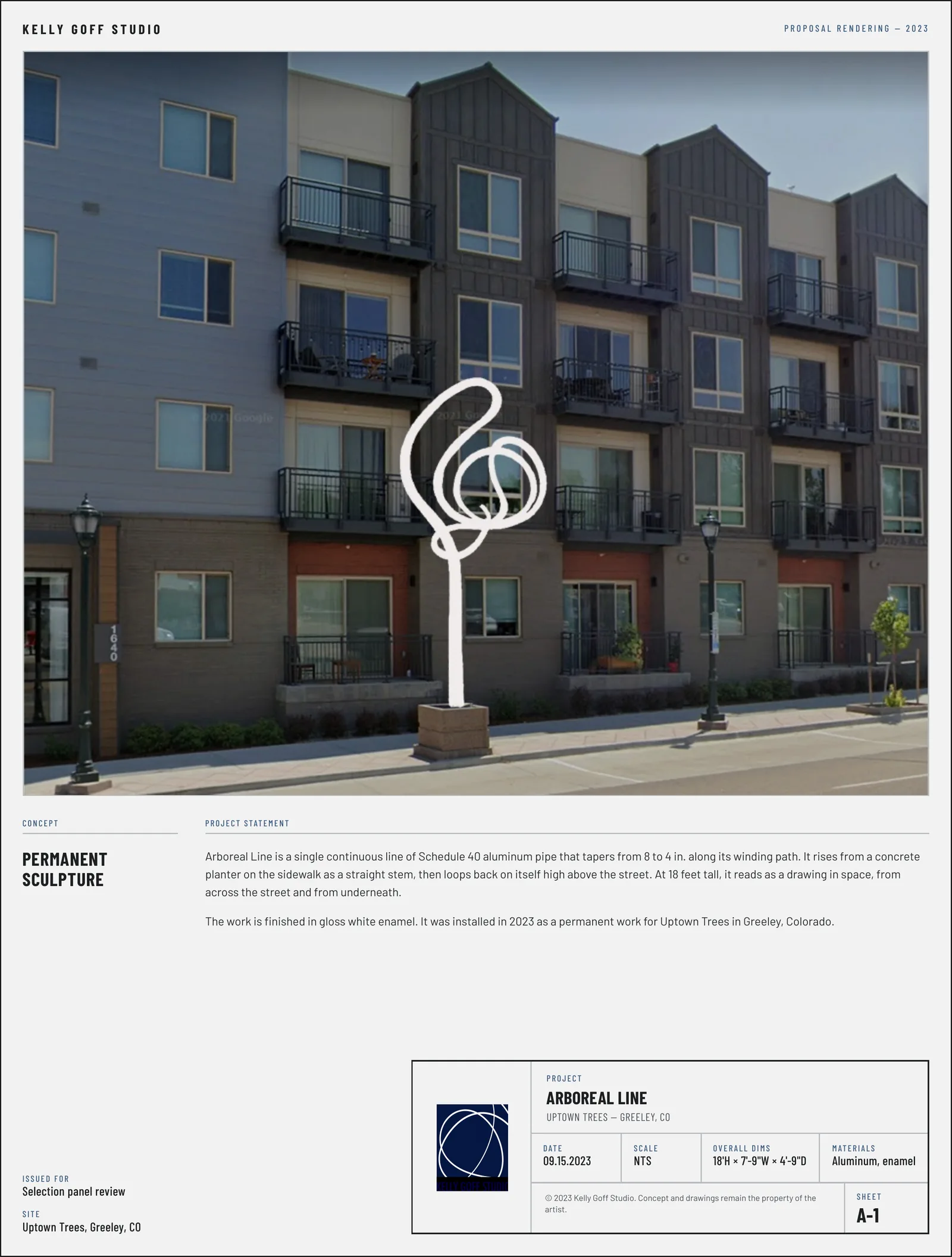 Arboreal Line proposal sheet A-1: rendering on Greeley street, concept, and project statement