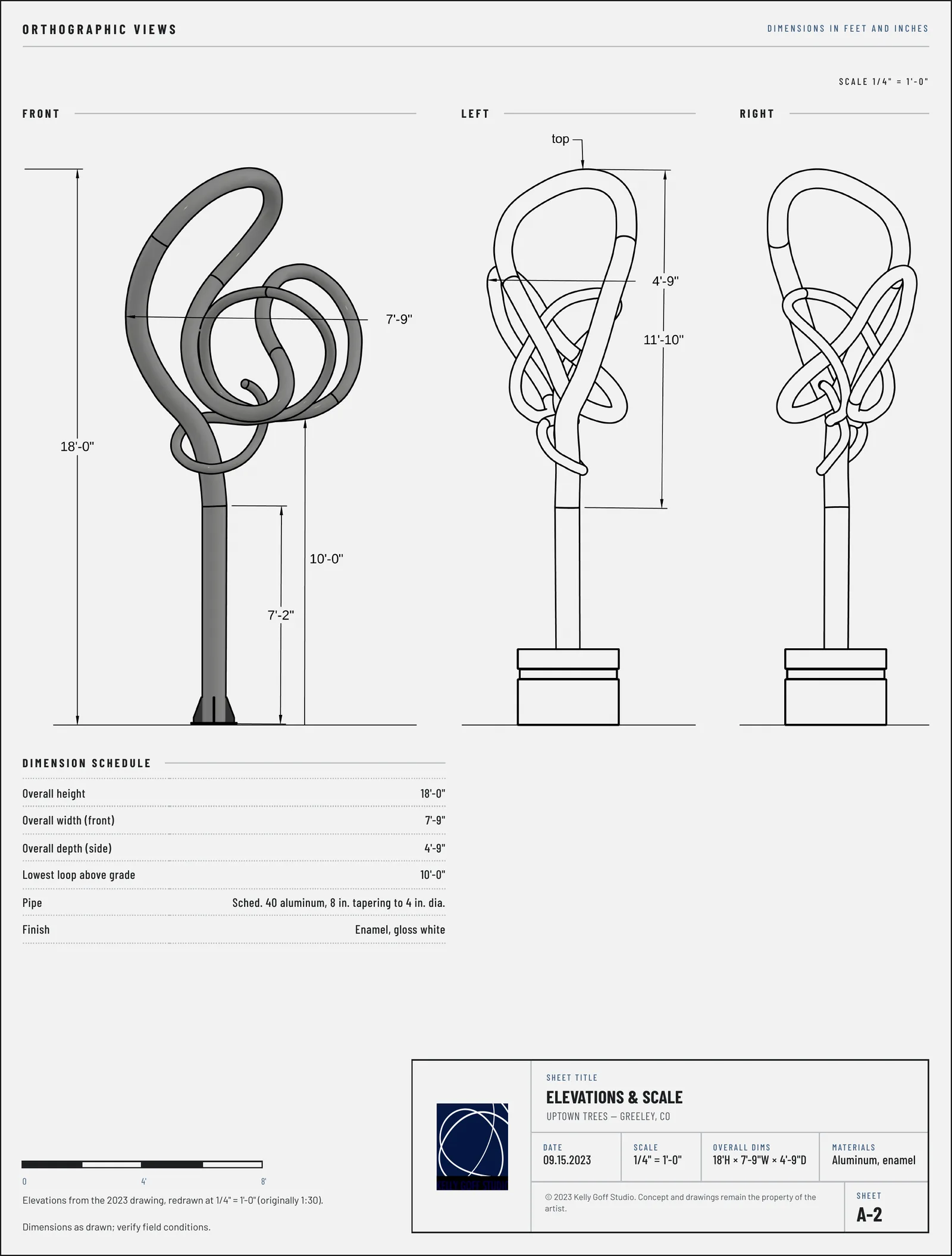 Arboreal Line proposal sheet A-2: front, left, and right elevations with dimension schedule