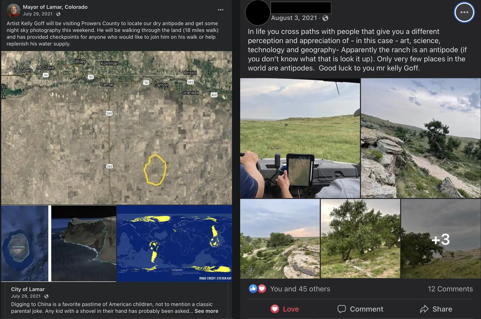 Two Facebook posts side by side. Left, the Mayor of Lamar announcing the artist's visit to locate the dry antipode, with a route map, views of Île Amsterdam, and a world antipodes map. Right, a ranch owner's post with photos from an ATV tour of the land.