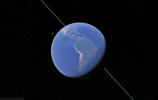 Google Earth view of the globe with a cyan line running through the planet from southeastern Colorado to Île Amsterdam