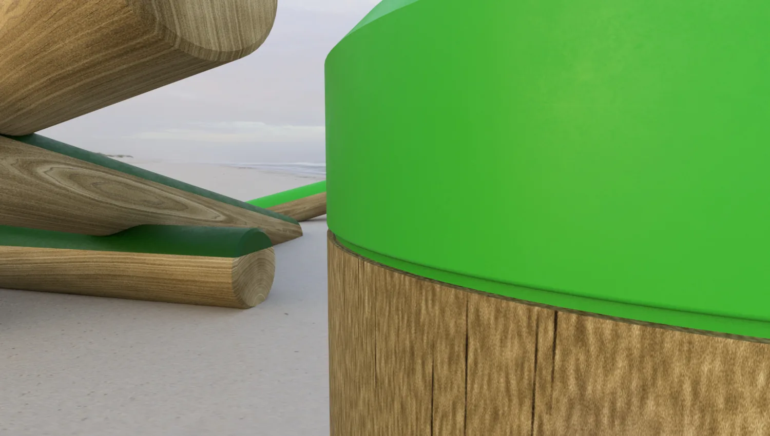 Design rendering close-up of a piling where the green coating meets the natural wood along a shallow groove