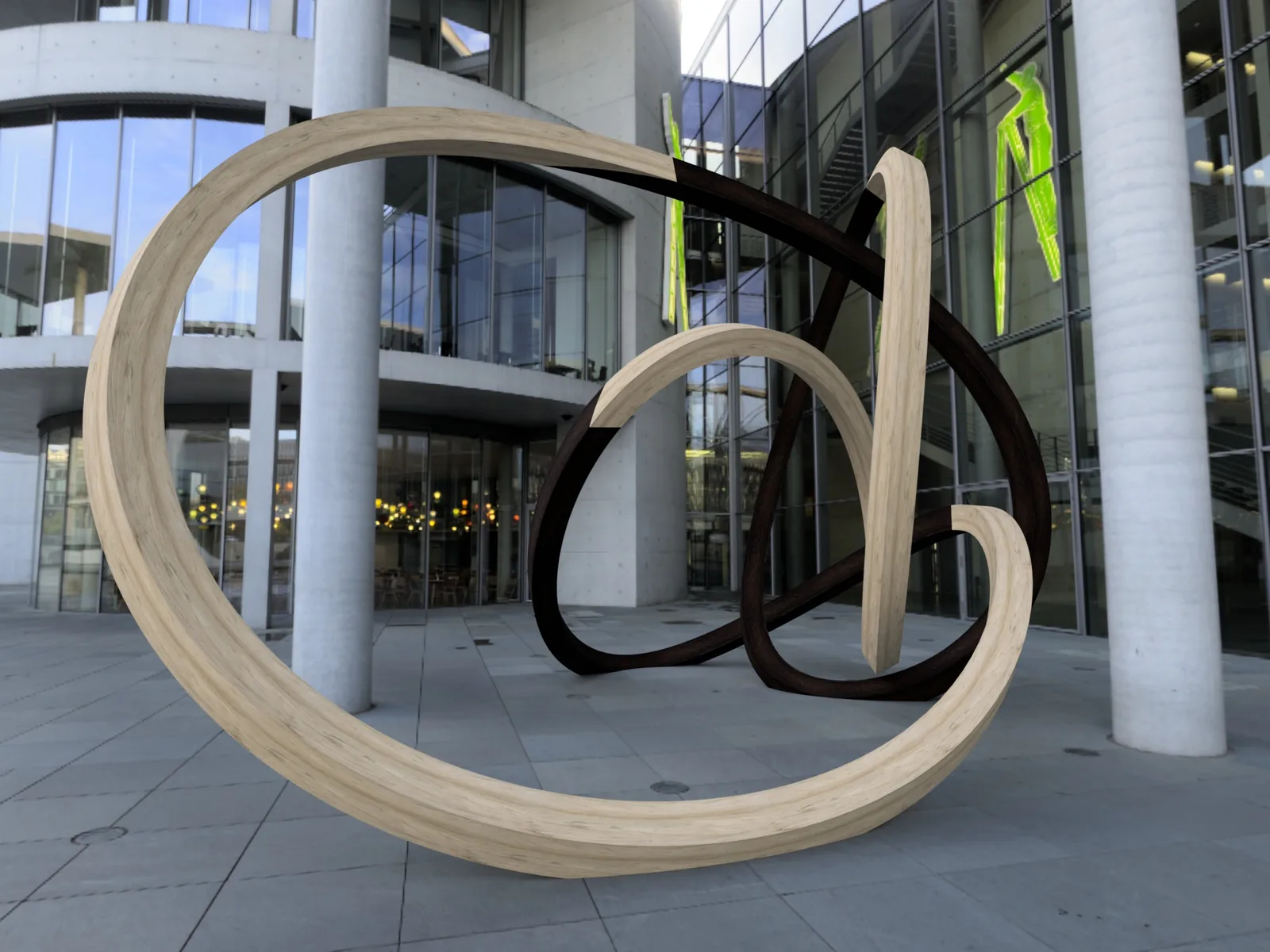 Rendering of a two-tone timber looping sculpture in a plaza